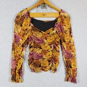 Jane + Delancey Ruched Floral Mesh Long Sleeve Square Neck Top Women M